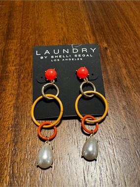 Laundry By Shelli Segal Red, Yellow, Orange Drop Earrings with Pearl Teardrops
